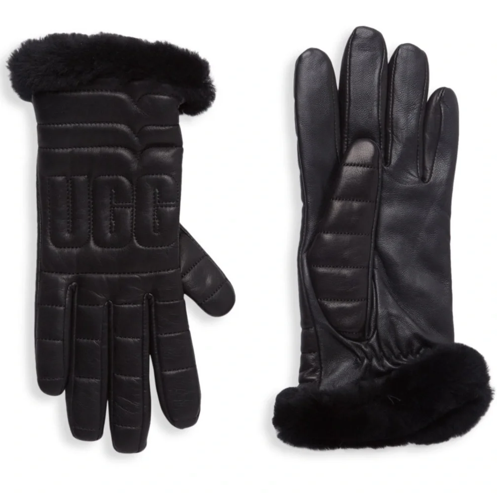 UGG Logo Shearling Cuff Leather Gloves